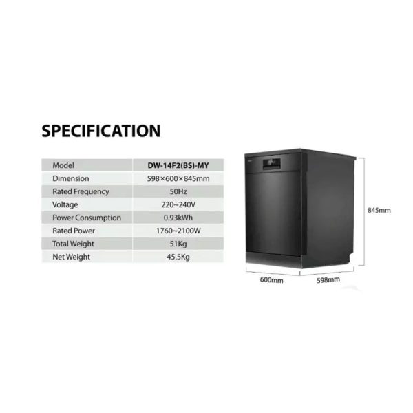 TOSHIBA Free Standing Dishwasher DW-14F2(BS) | UV LED Sterilizer - Image 3