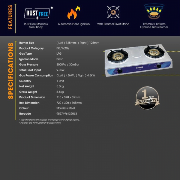 KHIND 2 Burners Gas Cooker GC7125 | Automatic Piezo Ignition - Image 4