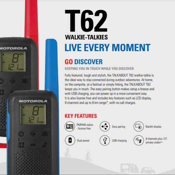 MOTOROLA Walkie Talkie T62 | Up to 8km Range, USB charging, Hands-free - Image 4