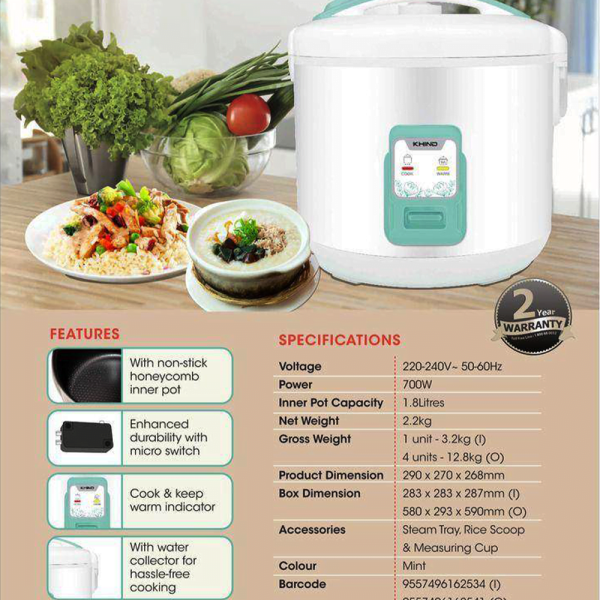 KHIND 1.8L Jar Rice Cooker RCJ188 | Non-stick Honeycomb Inner Pot - Image 5