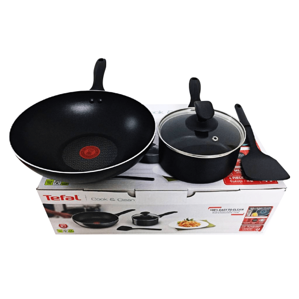 TEFAL COOK & CLEAN 4pcs Set Cookware (Saucepan W/Lid 16cm + WokPan 28cm + Spatula) B225S4 | Non-Stick - Image 2