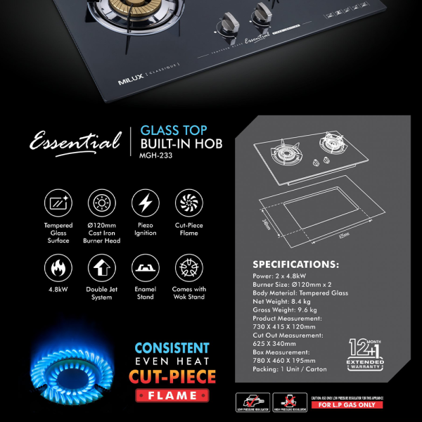 MILUX 2 Burners Cooker Hob MGH-233 | Glass Top Built-In - Image 4