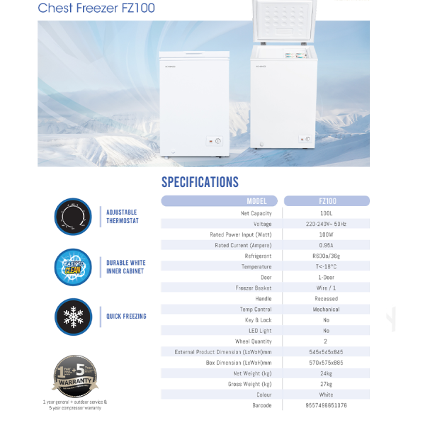 KHIND 100L Chest Freezer FZ100 | 3 Star Energy Saving - Image 4