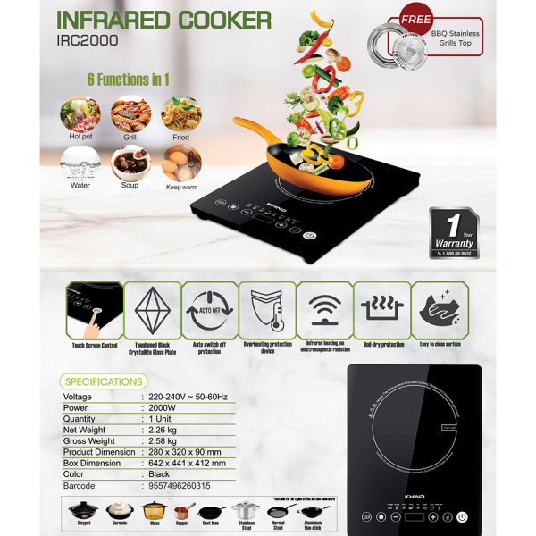 KHIND 1 Burner Infrared Induction Cooker IRC2000 | FREE BBQ Stainless Grill Top Easy Clean - Image 3