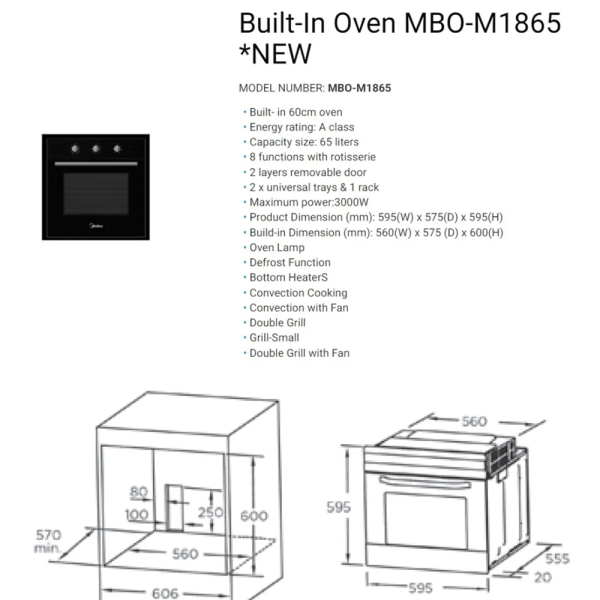 MIDEA 65L Built-in Oven MBO-1865 | Great 8 Functions Double Grill Defrost Rotisserie - Image 3