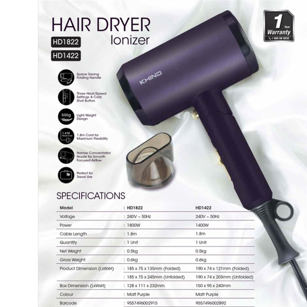 KHIND 1400W Hair Dryer HD1422 | Perfect Hair Companion Hot Cold Shot Button - Image 5