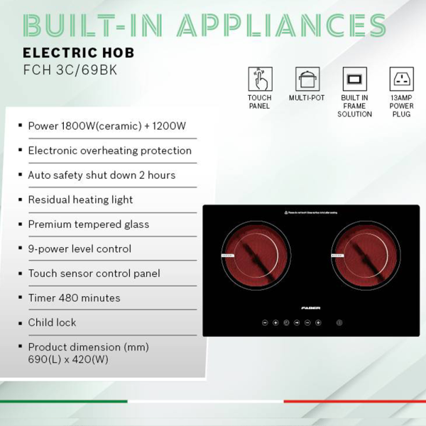 FABER 2 Burners Built-In Induction Cooker Hob FCH Ceramica 3C/69BK | Overheating Protection - Image 5