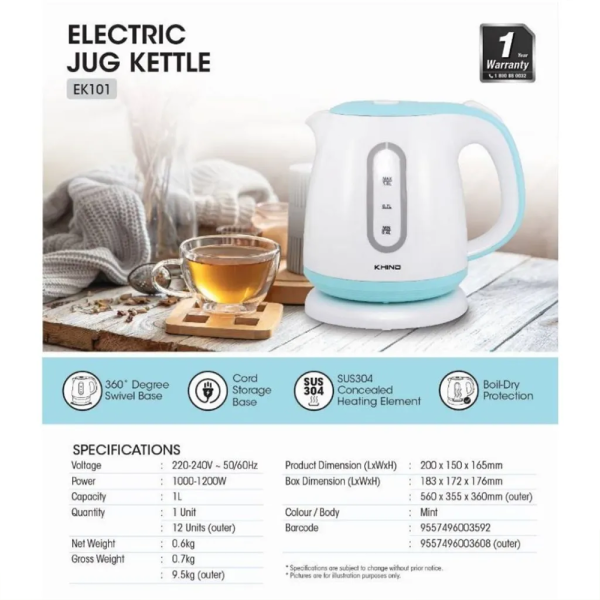 KHIND 1L Electric Jug Kettle EK101 | Boil-Dry Protection - Image 3