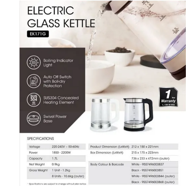 KHIND 1.7L Electric Jug Kettle Glass EK171G | Glass Auto Off Switch Boil-Dry Protection - Image 3