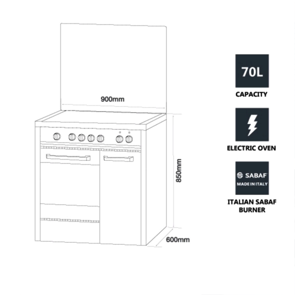 ELBA 4 Burners Gas Cooker With Grill & 70L Electric Oven EGC-C9784E(SS) | Freestanding - Image 6