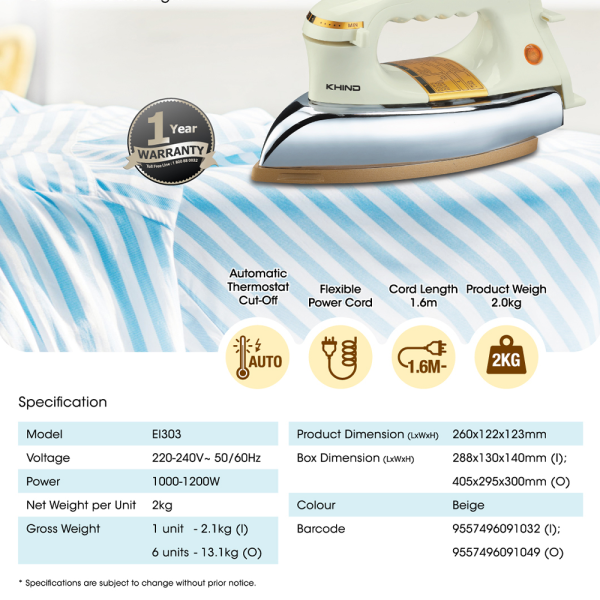 KHIND Electric Dry Iron EI303 | Flexible Power Cord Ceramic Coated Sole Plate - Image 4