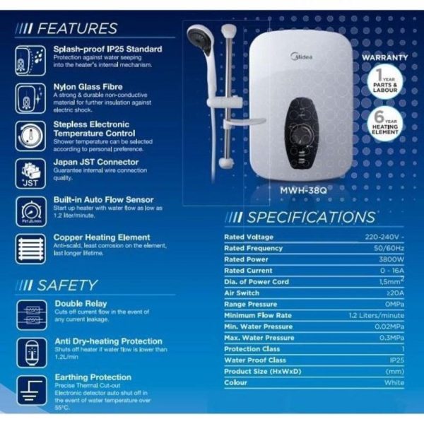 MIDEA Instant Water Heater MWH-38Q | No Pump - Image 6
