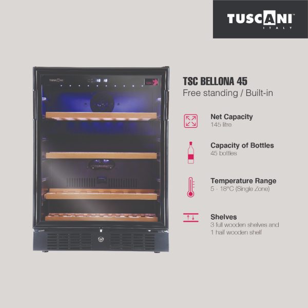 TUSCANI Free Standing Wine Cooler TSC BELLONA 45 | Beech Wood Shelves​​​​​​​ Fits 45 Bottles UV Protection (Pre Order) - Image 2
