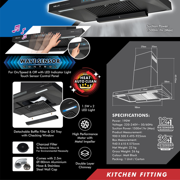 MILUX Chimney Hood MHC-S9199 | Esthetique High Performance Motor Heat Auto Clean Wave Sensor Control - Image 4