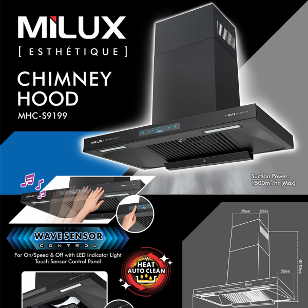 MILUX Chimney Hood MHC-S9199 | Esthetique High Performance Motor Heat Auto Clean Wave Sensor Control - Image 3