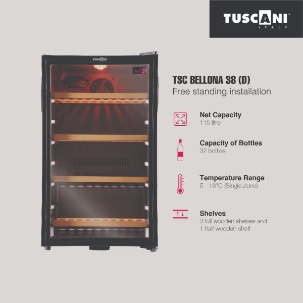 TUSCANI Free Standing Wine Cooler TSC BELLONA 38 (D) | Beech Wood Shelves Fits 32 Bottles UV Protection (Pre Order) - Image 2