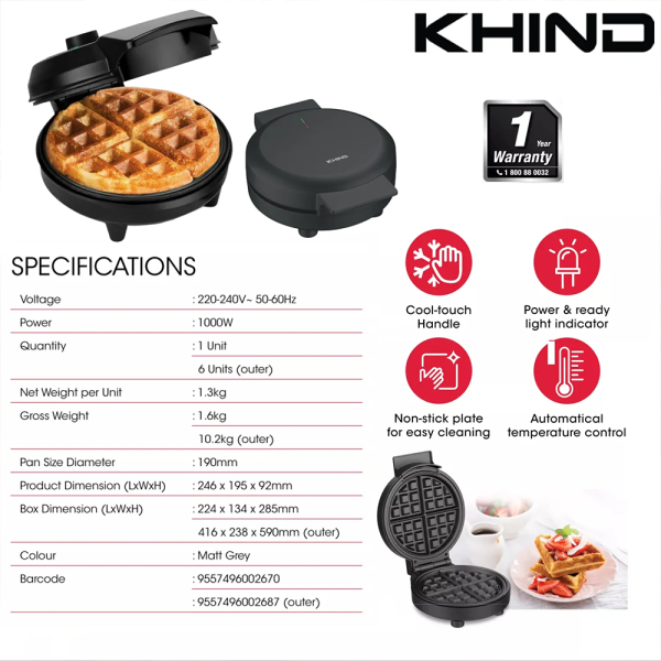 KHIND Waffle Maker WFM1019 | Cool-touch Handle Easy Cleaning - Image 4