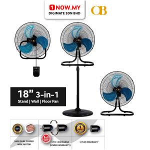 OCEAN BLUE 18 Inch 3-in-1 Industrial Stand / Wall / Floor Fan OB-183IN1 | Strong Pure Copper Wire Motor 3 Speed