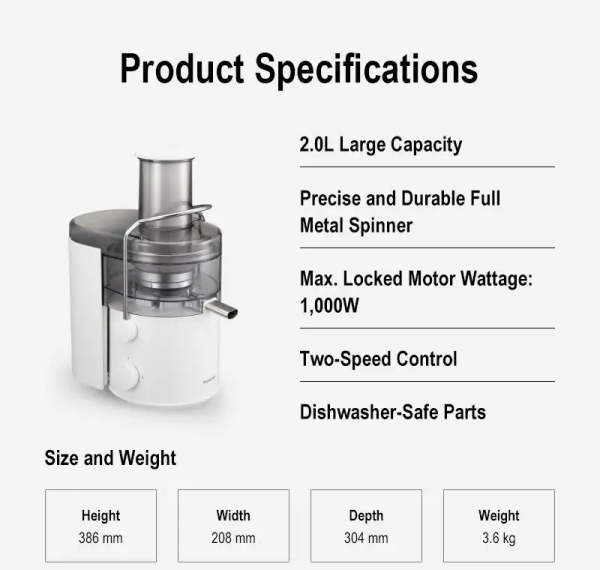 PANASONIC 2L Juicer MJ-CB100WSK | Large Capacity Fresh Smooth Juicing - Image 7