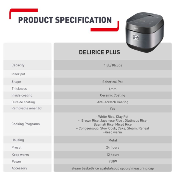 TEFAL 1.8L Delirice Plus AI Smart Rice Cooker (10-CUP) RK776B65 | Durable Anti-Scratch - Image 7