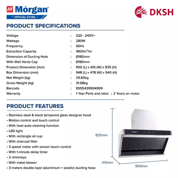 MORGAN 900MM Designer Hood MDH-996MHC | Smart Motion Sensor Touch Control - Image 4