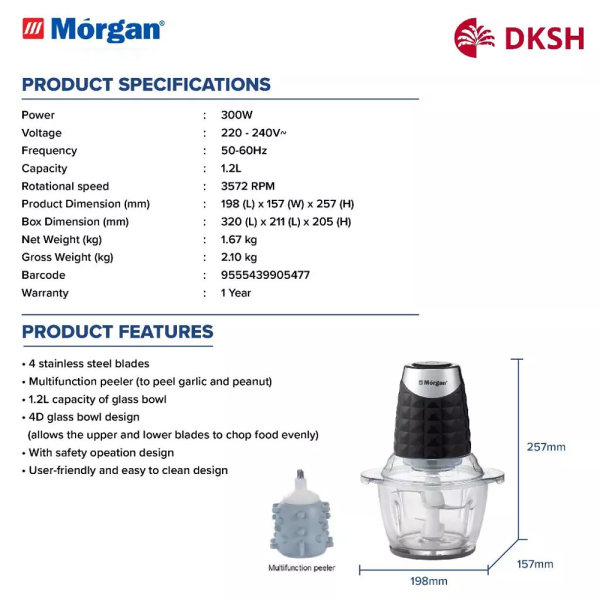 MORGAN 1.2L Food Chopper MCP-30P | User-Friendly Garlic Peeler Mince Meat - Image 5