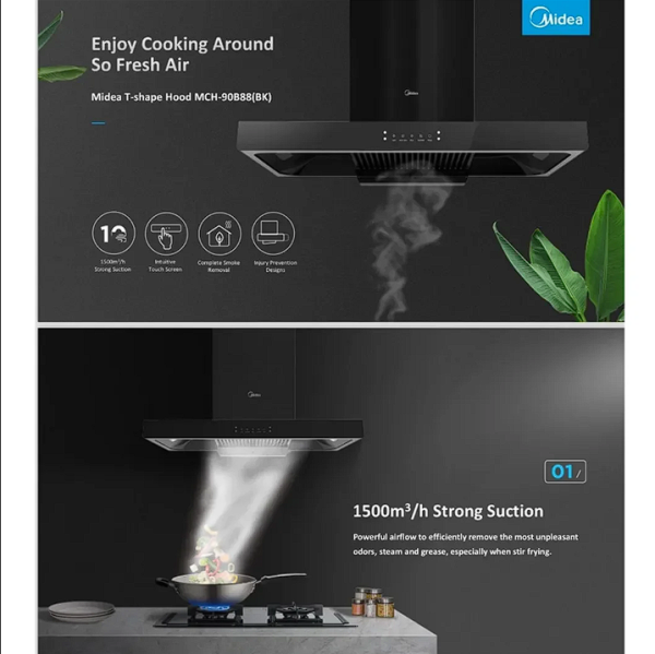 MIDEA 1500m3/hr Cooker Hood MCH-90B88(BK) | Duct Out Touch Wave Control - Image 4