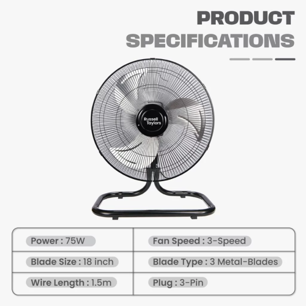 RUSSELL TAYLORS 18 inch Industrial Floor Fan FF6 | 3-Blade Strong Wind - Image 6
