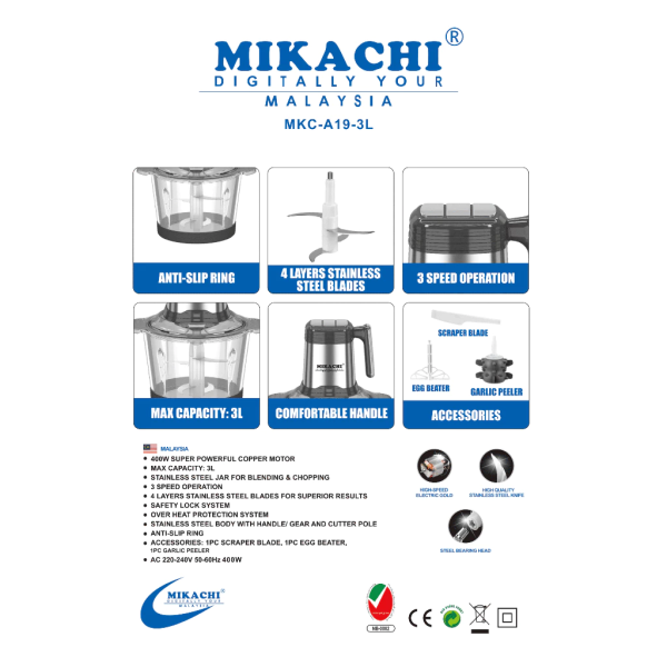 MIKACHI 3L Food Chopper Mincer MKC-A19-3L - Image 3