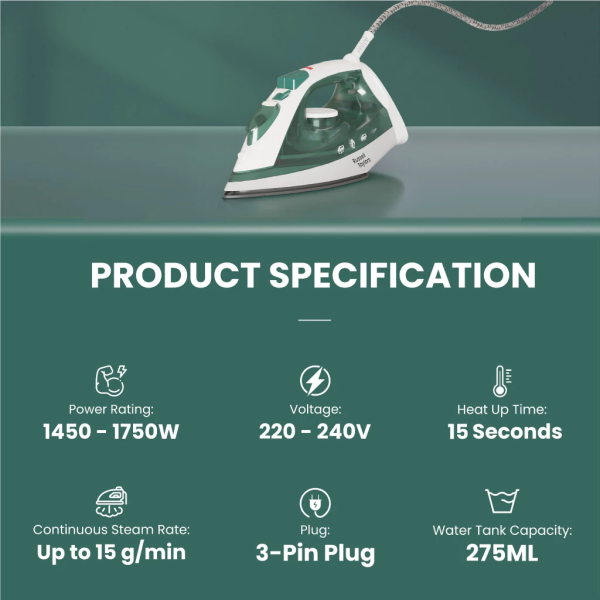 RUSSELL TAYLORS Compact Steam Iron SI-10 | Durable Non-Stick Soleplate - Image 8