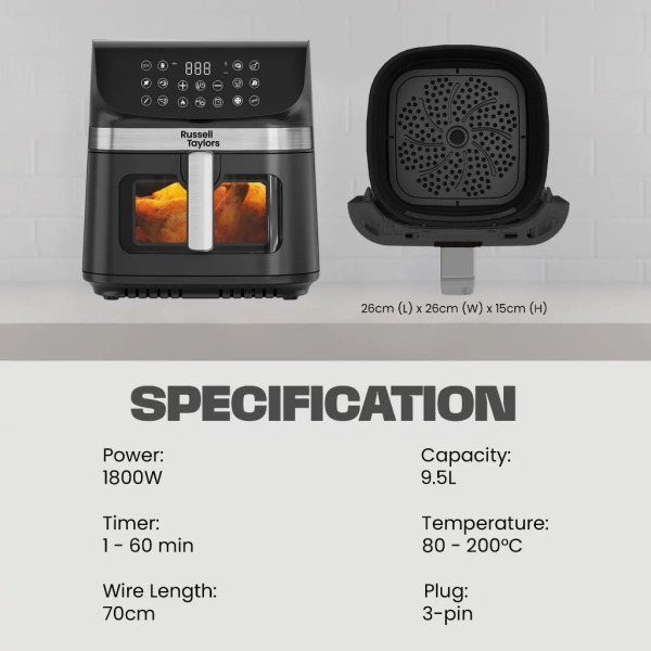 RUSSELL TAYLORS 9.5L 3D Visible Window Digital Air Fryer XXL Z9 - Image 8