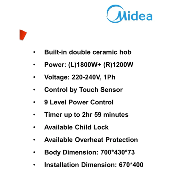 MIDEA 2 Burners Built-In Ceramic Induction Hob MCH302D105K - Image 4