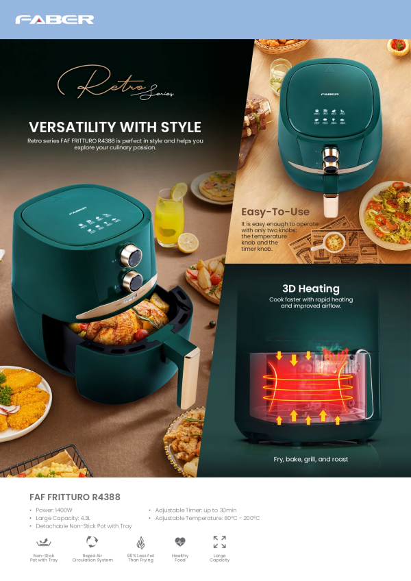 FABER 4.3L Air Fryer FAF FRITTURO R4388 | Versatile Non Stick Healthy Cooking - Image 8