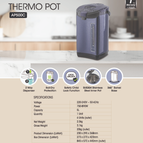 KHIND 5L Thermopot AP500C | Fast Boil Dry Protection - Image 4