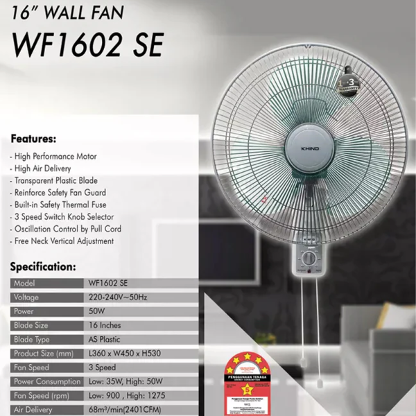 KHIND 16" Wall Fan WF1602SE | 3 Speed 5 Star Energy Efficient - Image 3
