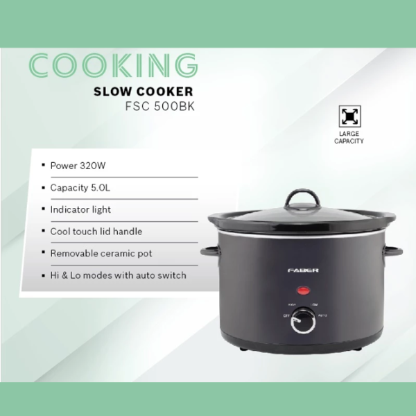 FABER 5L Slow Cooker FSC 500BK | Ceramic Pot Lid Handle - Image 3