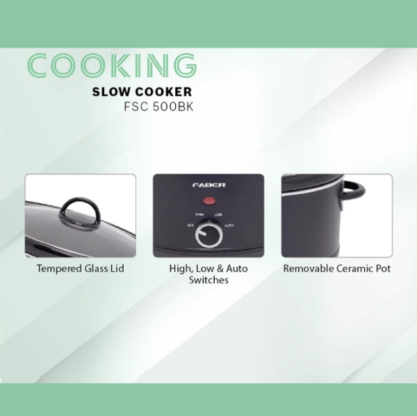 FABER 5L Slow Cooker FSC 500BK | Ceramic Pot Lid Handle - Image 4