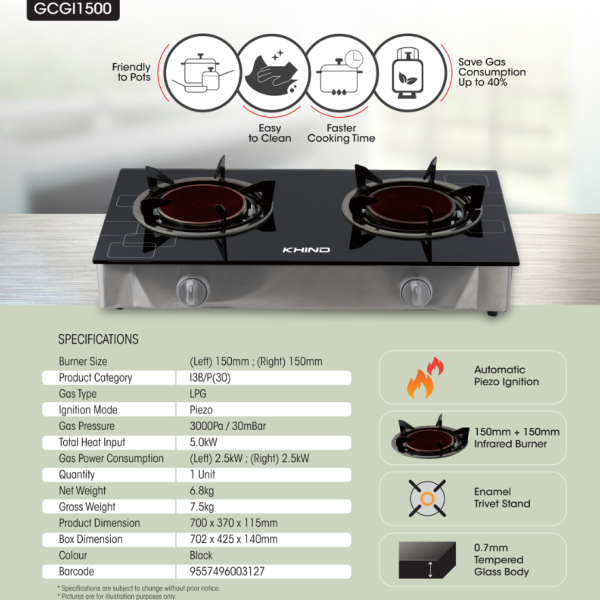 KHIND 2 Burners Infrared Gas Cooker GCGI1500 | Glass Top - Image 5