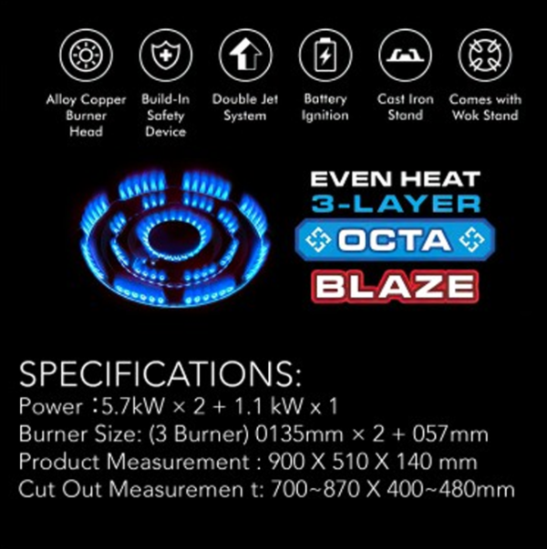MILUX Triple Burner Built-In Gas Hob MGH-8931 | Wide Cooking Area - Image 4