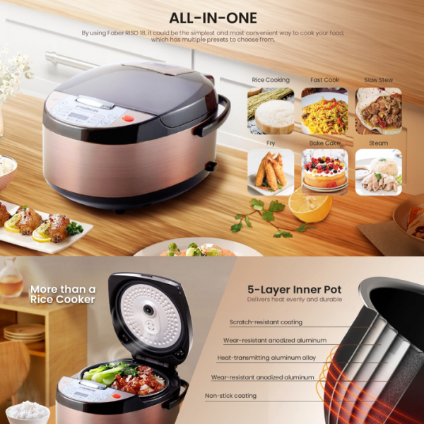 FABER 1.8L Deluxe Rice Cooker RISO 18 | Non-Stick Pot 3 Star Energy Saving - Image 2