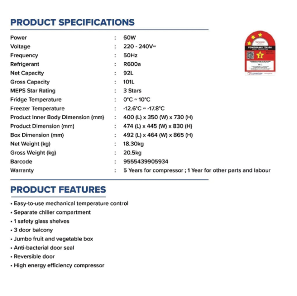 MORGAN 101L Single Door Refrigerator MRF-M7110SD | 3 Star Energy Efficient - Image 6