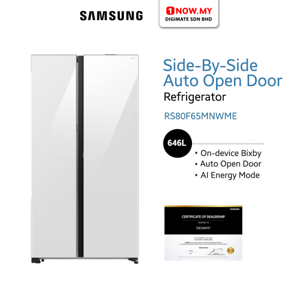 SAMSUNG 646L Inverter SBS Refrigerator - Auto Open Door RS80F65MNWME | White Glass