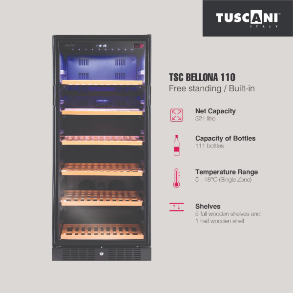 TUSCANI Free Standing Wine Cooler TSC BELLONA 110 | Durable Shelves​​​​​​​ Fits 111 Bottles UV Protection (Pre Order) - Image 2