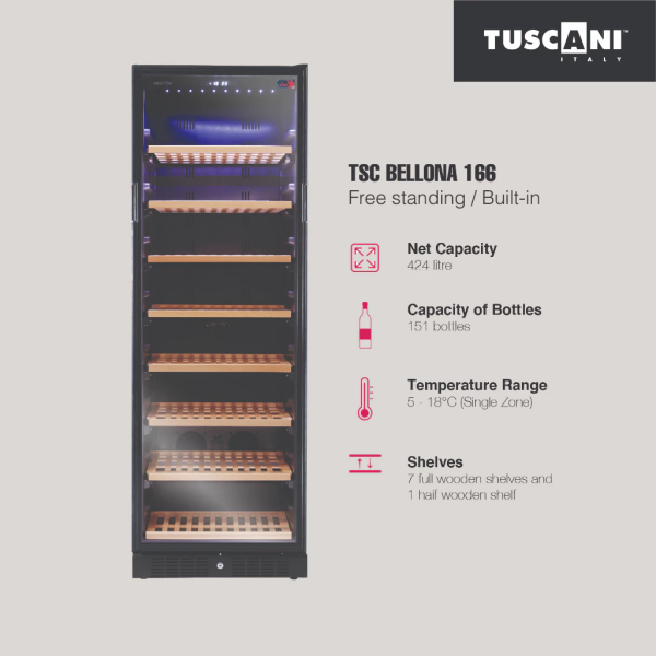 TUSCANI Free Standing Wine Cooler TSC BELLONA 166 | Durable Shelves​​​​​​​ Fits 151 Bottles UV Protection (Pre Order) - Image 2