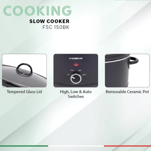 FABER 1.5L Slow Cooker FSC 150BK | Ceramic Pot Lid Handle - Image 3