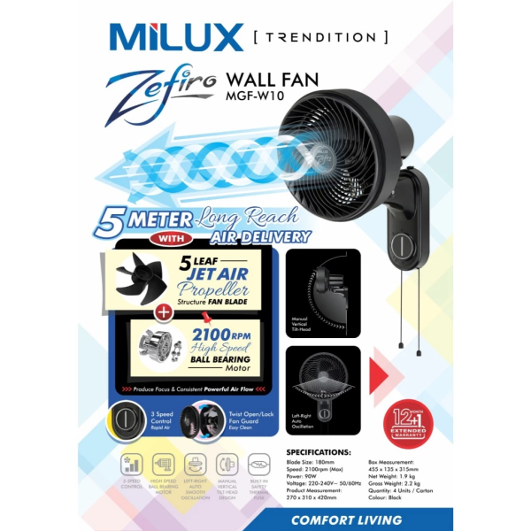 MILUX 10" Wall Fan MGF-W10 | Pull String Type Powerful Airflow - Image 3