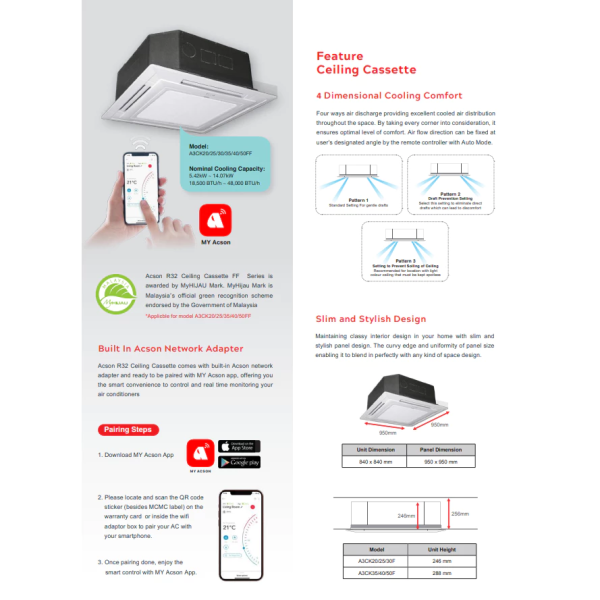 ACSON 1HP / 1.5HP Non Inverter Ceiling Cassette CF Series A3CK10CF / A3CK15CF (Pre Order) - Image 6