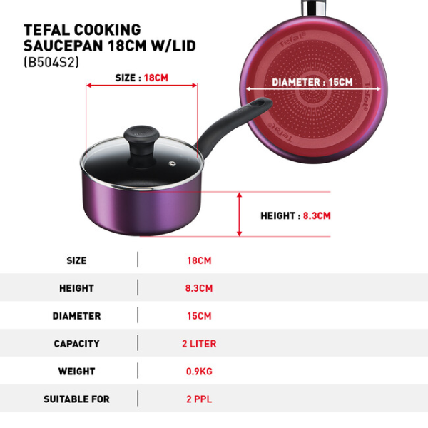 TEFAL Cooking Source 3pcs Set Cookware (Frypan + Saucepan + Lid) B504S2 | Non Stick - Image 7