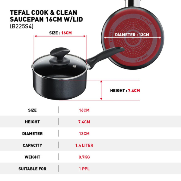 TEFAL COOK & CLEAN 4pcs Set Cookware (Saucepan W/Lid 16cm + WokPan 28cm + Spatula) B225S4 | Non-Stick - Image 4