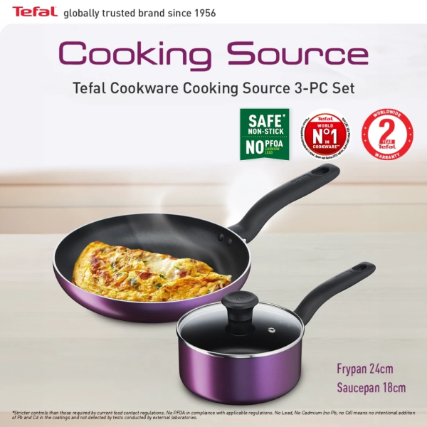 TEFAL Cooking Source 3pcs Set Cookware (Frypan + Saucepan + Lid) B504S2 | Non Stick - Image 2